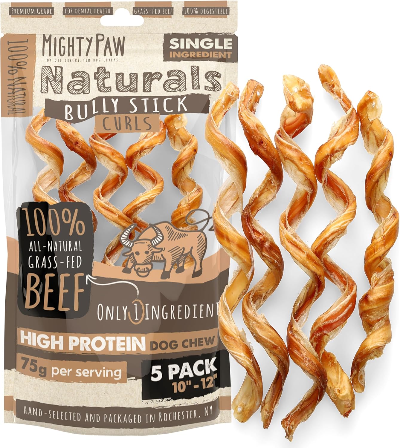 Mighty Paw Naturals Curly Bully Sticks for Dogs Grass Fed Beef Dog Chews Dog Bully Sticks for Large Dogs Medium Small Breed