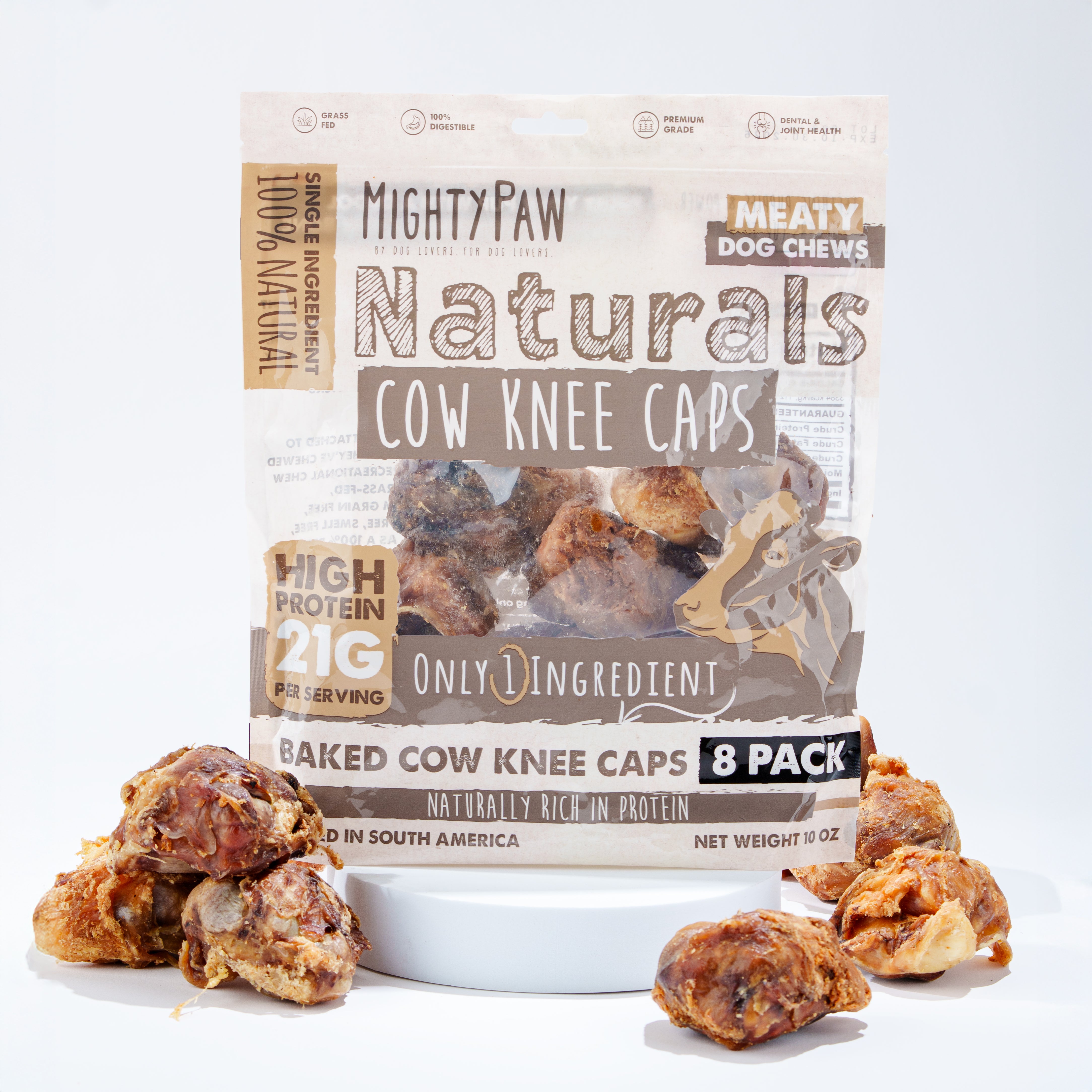 Packaging of Mighty Paw Naturals Cow Knee Caps dog chews with cow knee caps displayed.