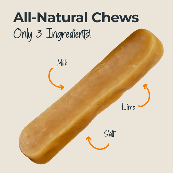 Yak chew dog treat with 'All-Natural Chews' text and ingredients listed on a beige background