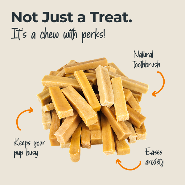 Yak chew treats with text highlighting benefits on a beige background