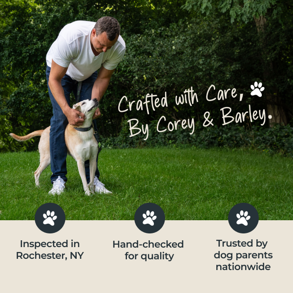 Man petting a dog in a grassy area with text about product quality and trust.