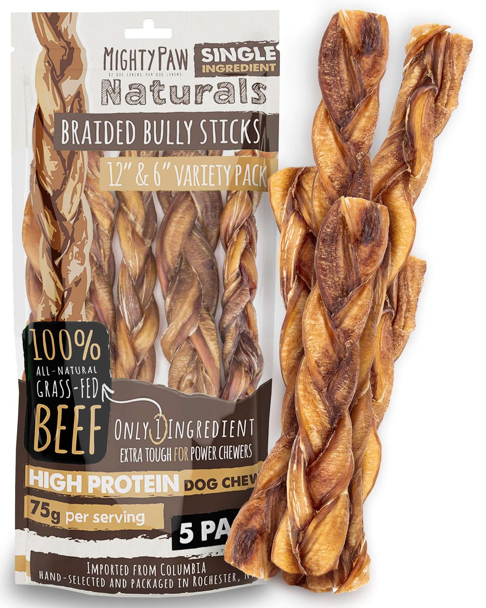 Braided Bully Sticks for Large Dogs and Medium Pets (5 Pack)
