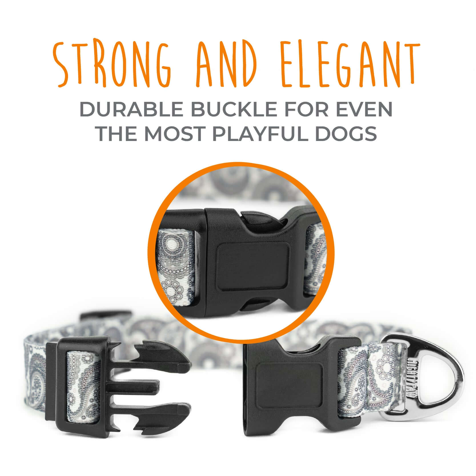 Grey Designer Paisley Dog Collar with Adjustable Tri-Glide Buckle