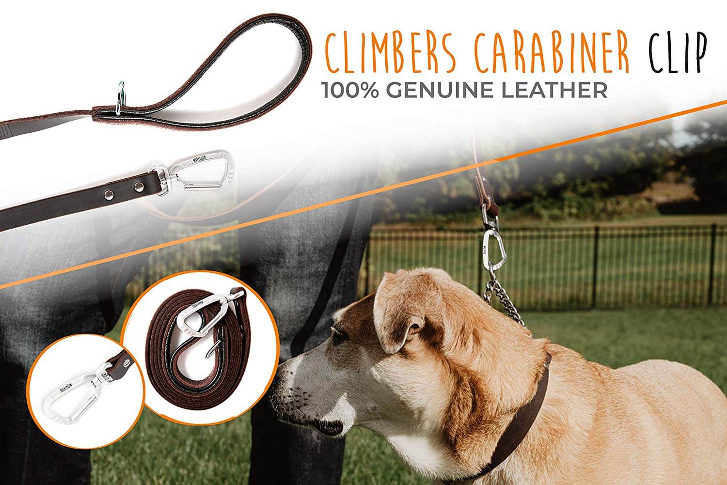 6-Foot Leather Dog Leash - Padded Handle & Carabiner Clip