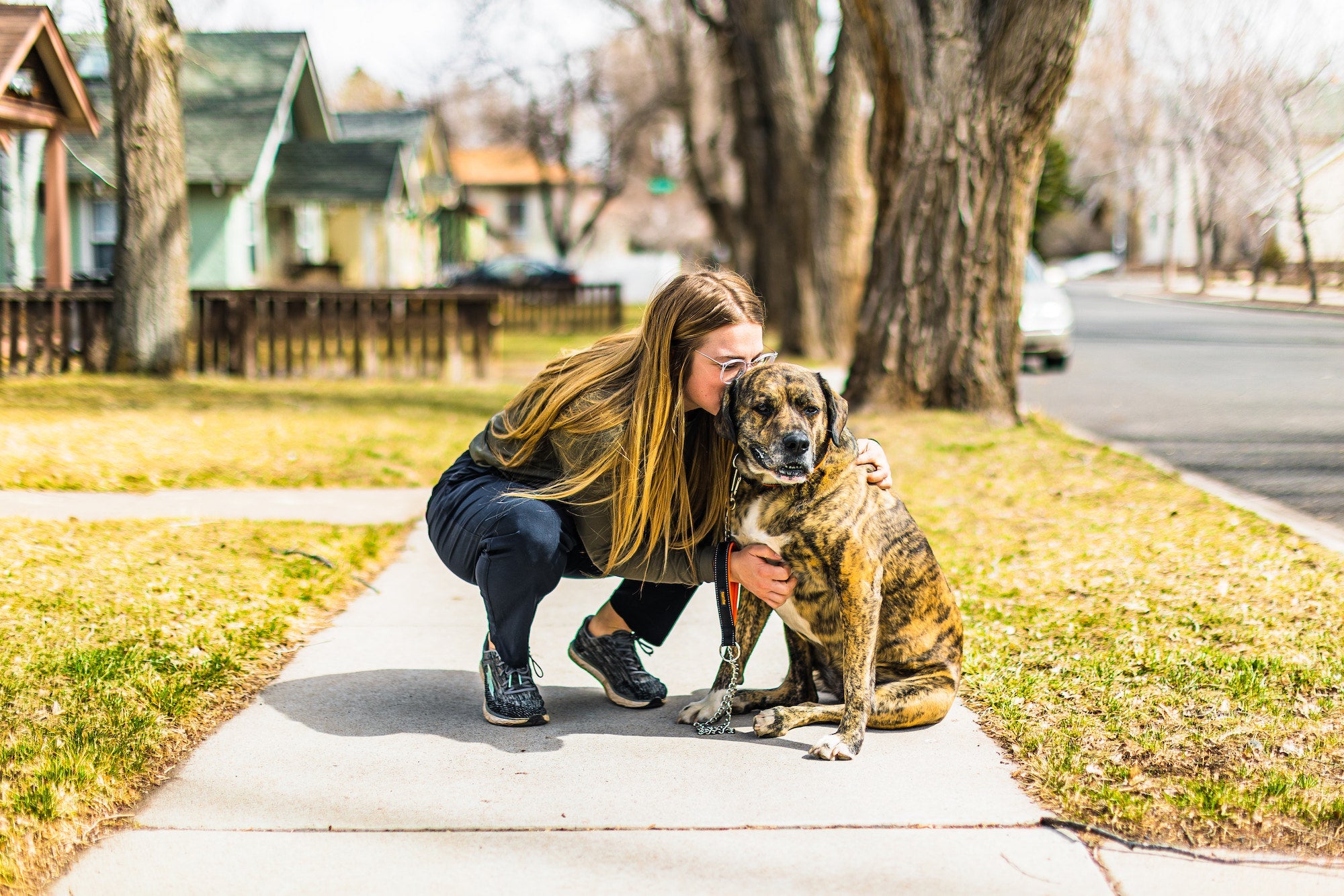 Woman with brown hair crouches down on sidewalk to kiss the head of brindle colored dog wearing Mighty Paw Leash. 