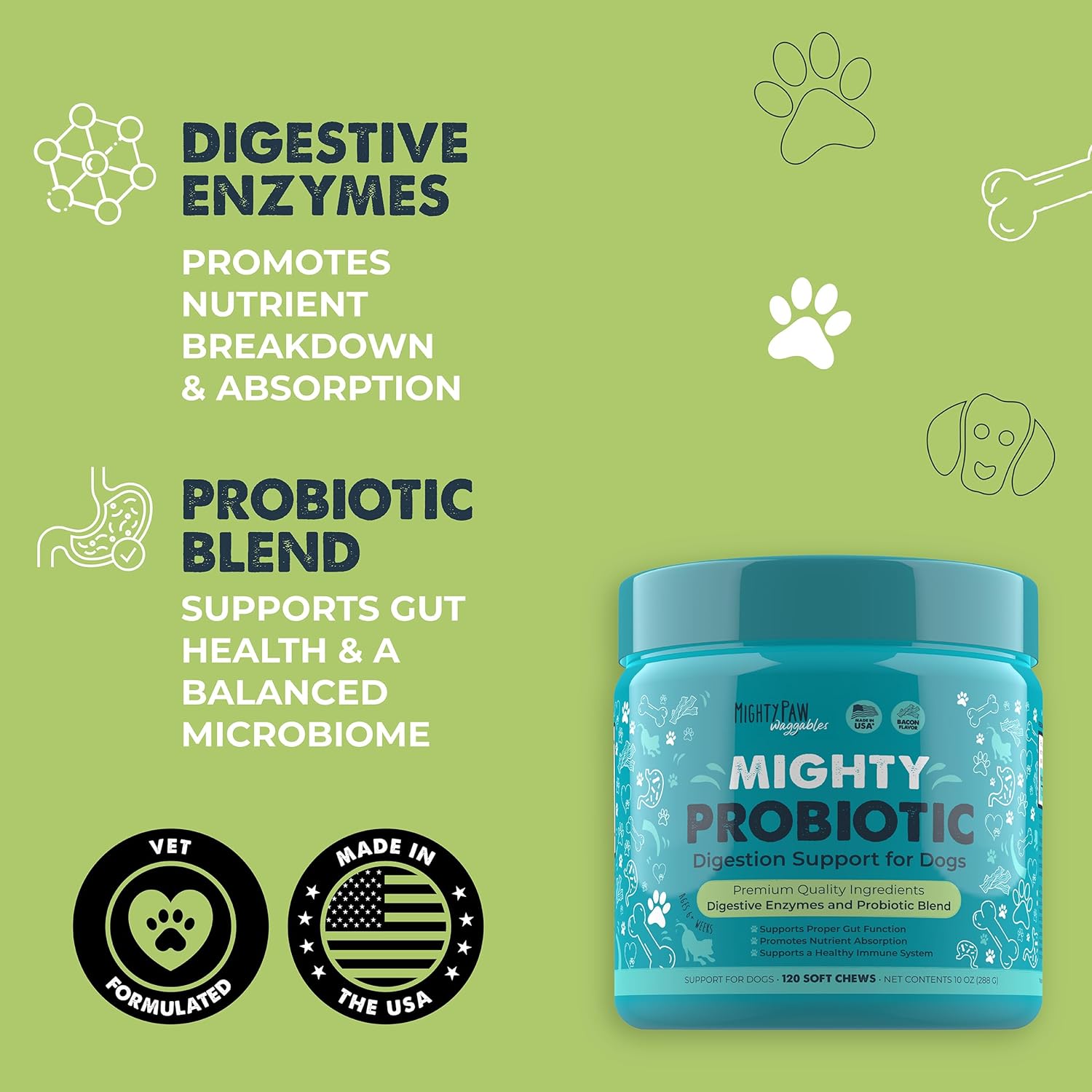 Mighty Paw Probiotic Chews for Dogs - Bacon-Flavored Digestion Support