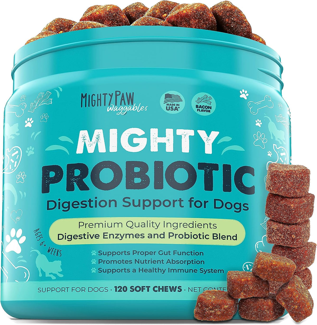 Mighty Paw Probiotic Chews for Dogs - Bacon-Flavored Digestion Support