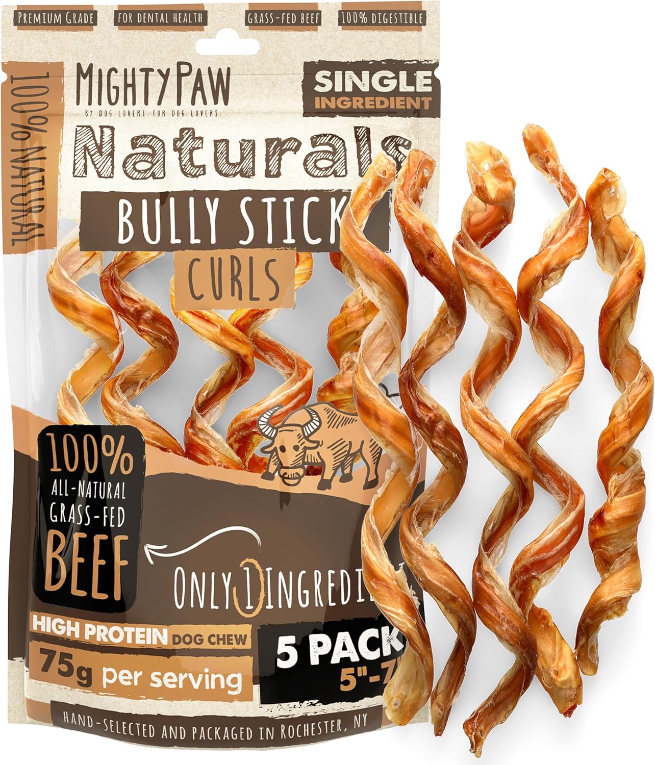 Mighty Paw Naturals Bully Stick Curls - All-Natural Dog Chews for Dental Health and Distraction