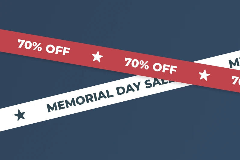 Memorial Day sale banner with 70% off text on a dark blue background