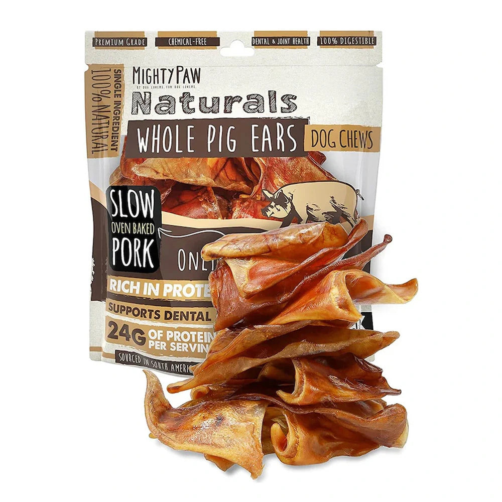 Package of Mighty Paw Naturals whole pig ears dog chews with visible pig ears on a white background