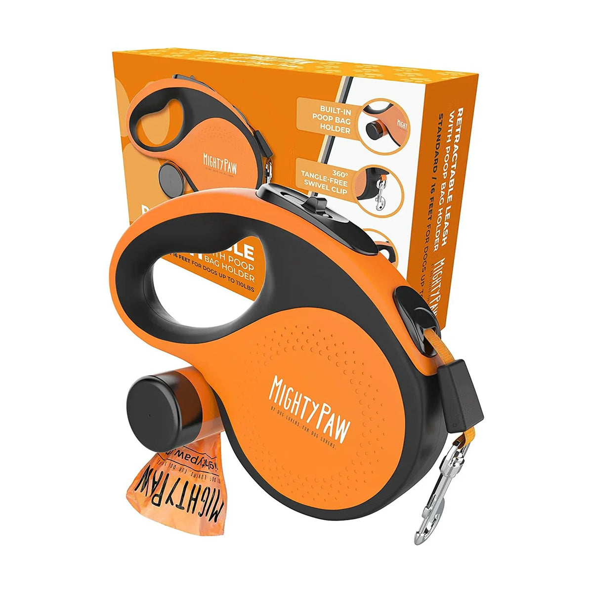 Mighty Paw Retractable Leash with Built-in Poop Bag Holder 16' Long Retractable Dog Leash for Small Dogs, Medium Breeds & Large