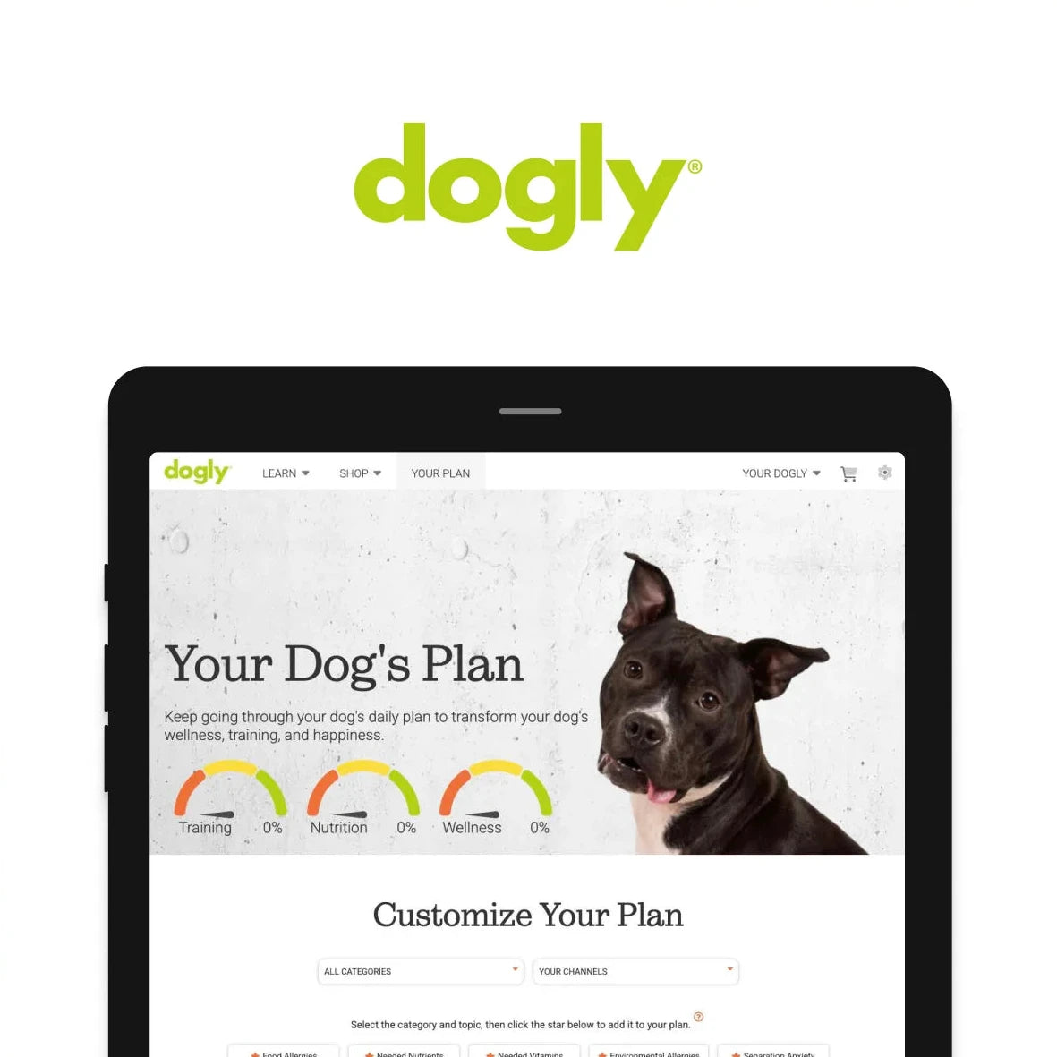 Tablet displaying the dogly app interface with a dog on a white background