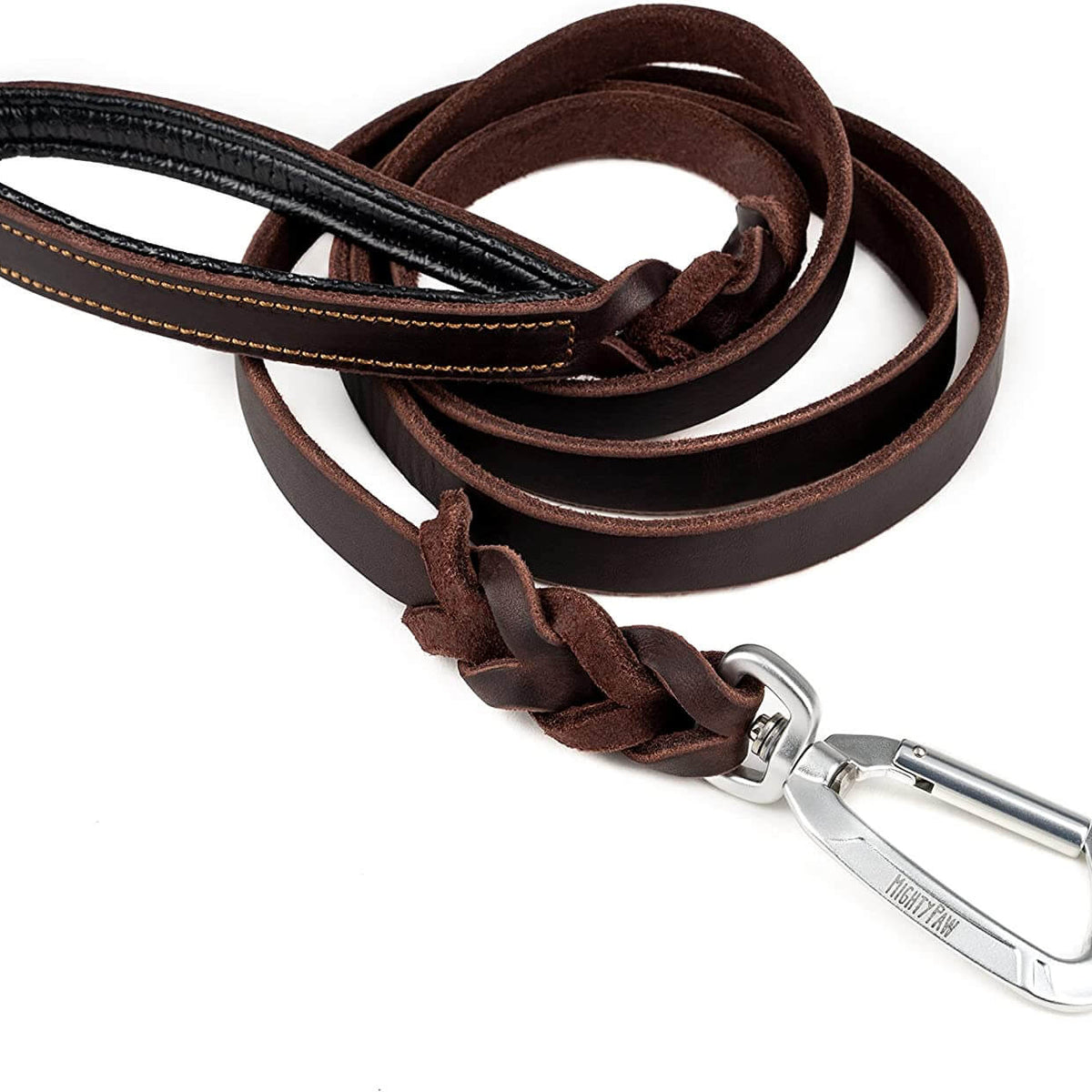 Mighty Paw Leather Dog Leash | 6 ft Leash. Super Soft Padded Handle Leather Lead with Extra D-Ring for Waste Bags. Strong