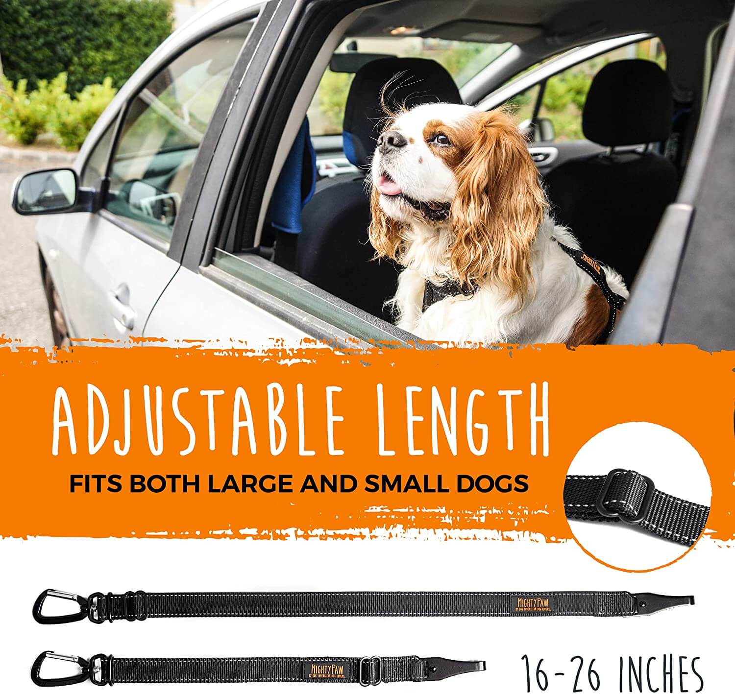 Mighty Paw Safety Belt, Dog Seat Belt, Heavy Duty Hardware Including Tangle-Free Swivel Attachment, Carabiner, and Latch Bar ATTACHMENT.