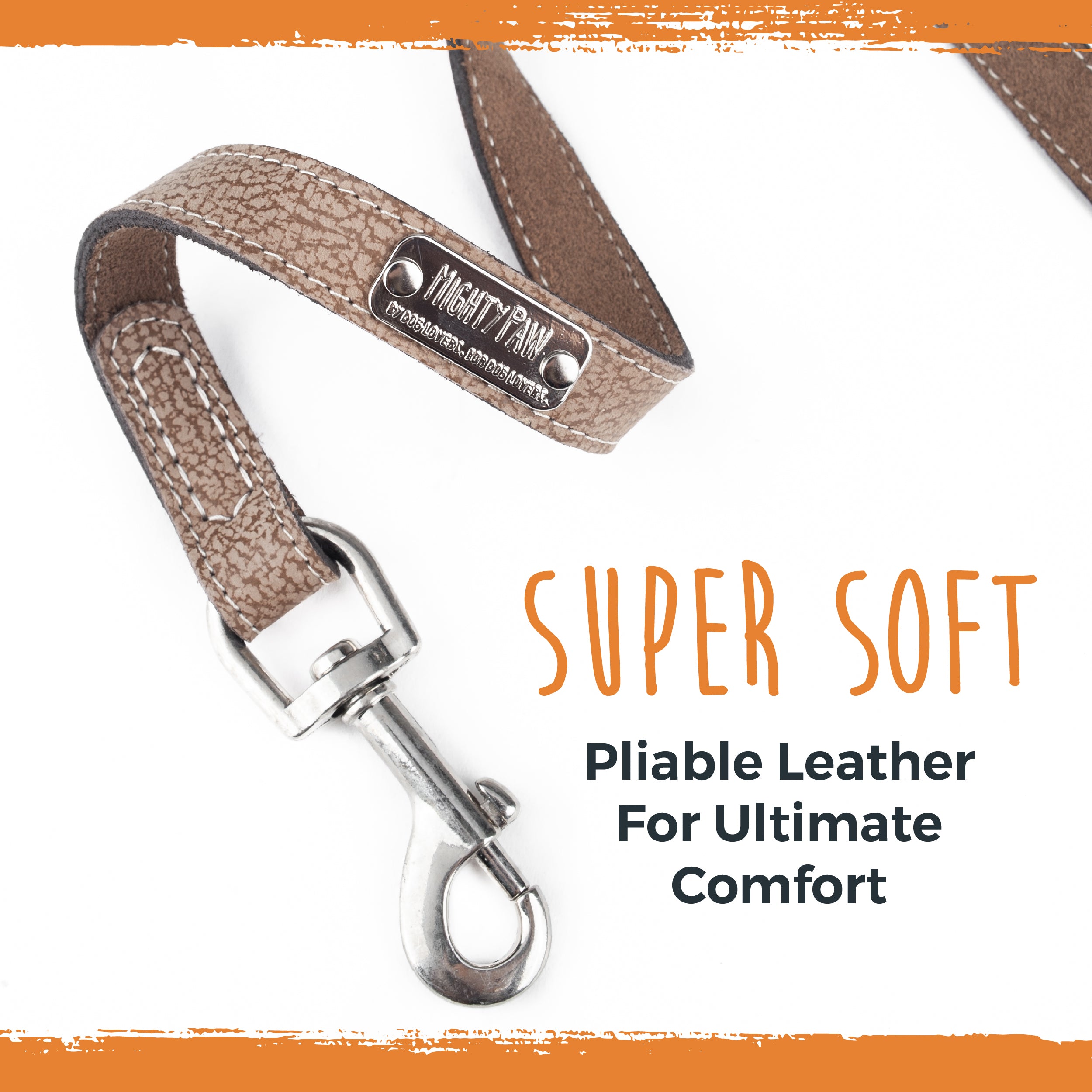 Mighty Paw Leather Dog Leash | 6 ft Leash. Super Soft Padded Handle Leather Lead with Extra D-Ring for Waste Bags. Strong